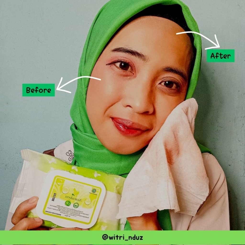 before-after membersihkan make up dengan amiraderm shining facial tissue